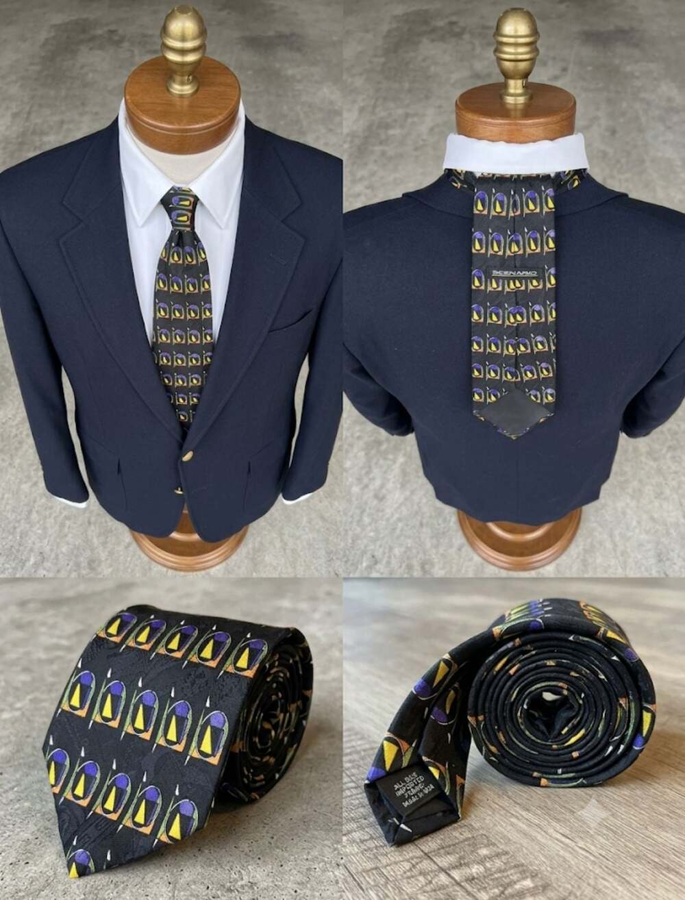 Scenario Men's Silk Necktie Geometric Print Black Multicolor